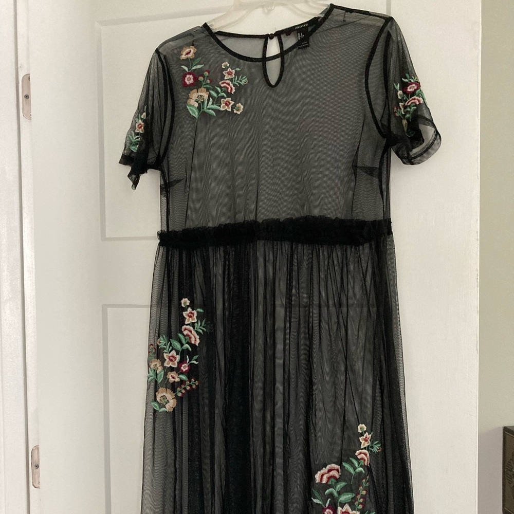 Mesh Lace Dress Overlay with Floral Embroidery